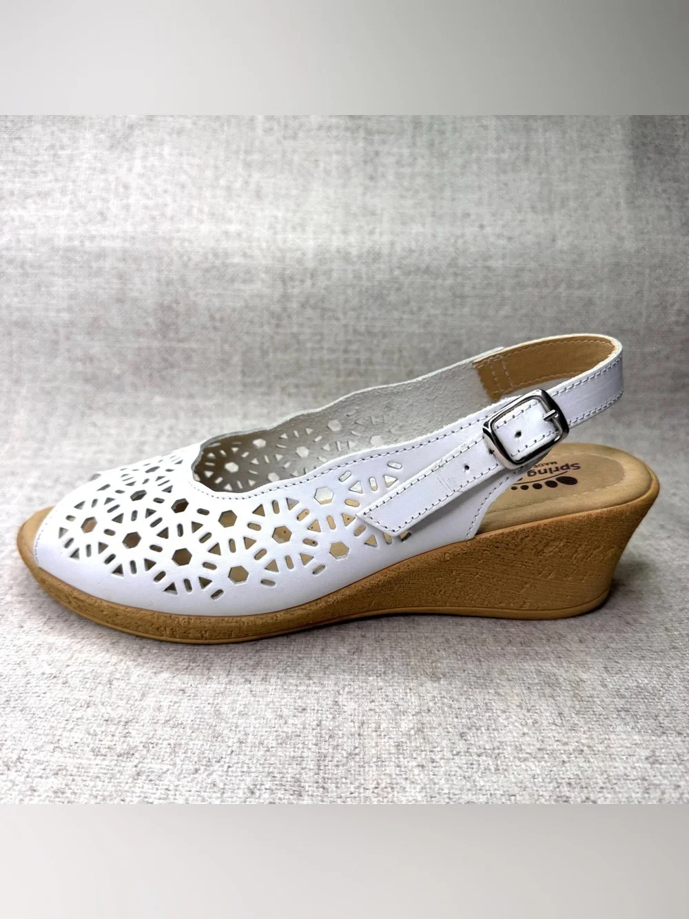 Spring Step Wedge Slingback Sandals white leather sz 9 peep toe design laser cut